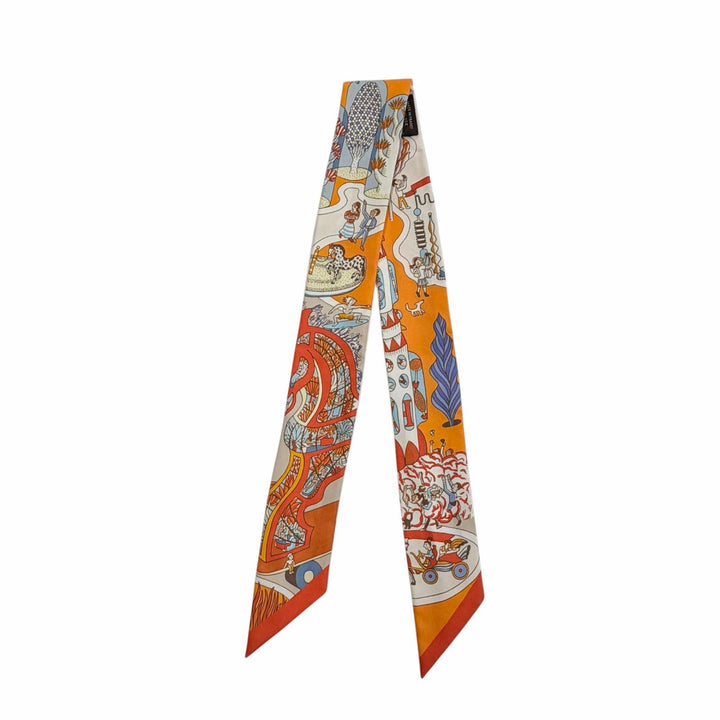 極美品◇HERMES エルメス ツイリー Exposition Universelle 万博博覧会 シルク100％ オレンジ シエル ブリック スカーフ 仏製 レディース