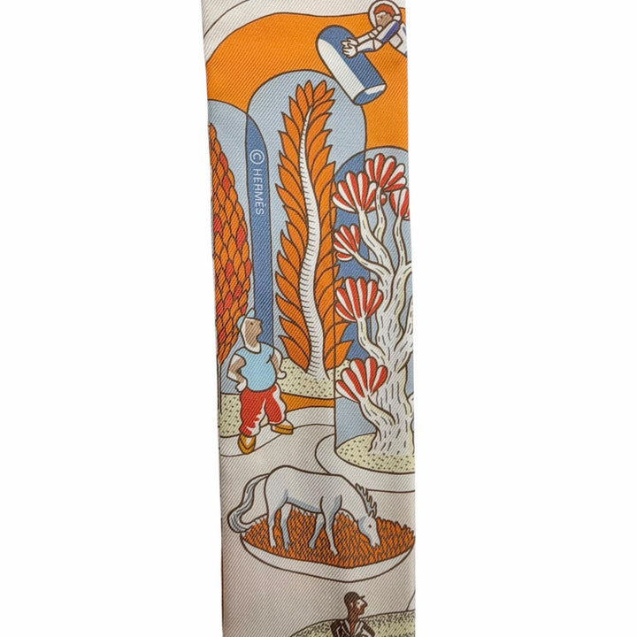 極美品◇HERMES エルメス ツイリー Exposition Universelle 万博博覧会 シルク100％ オレンジ シエル ブリック スカーフ 仏製 レディース