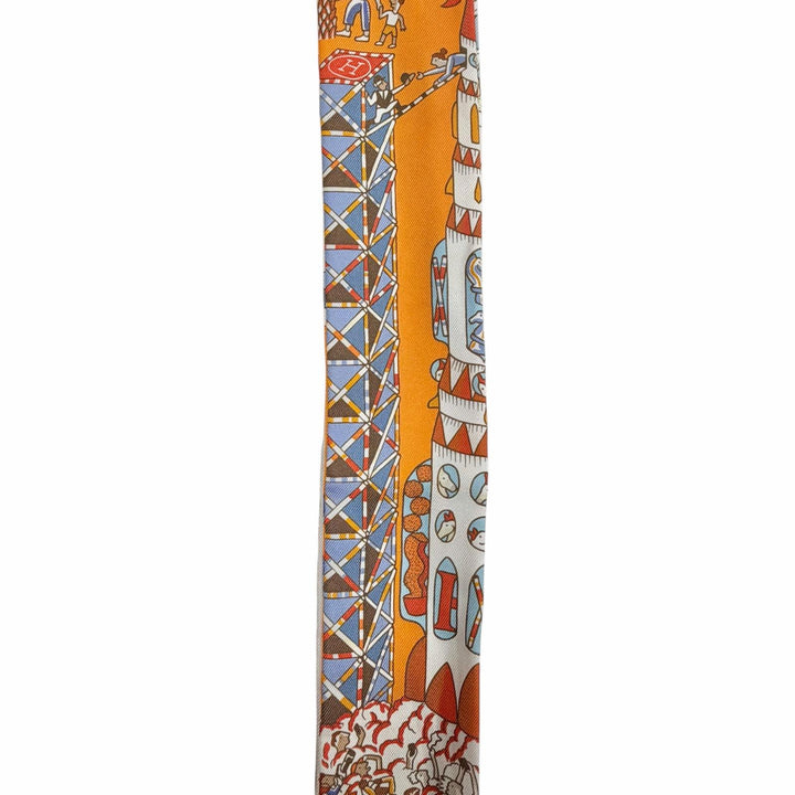 極美品◇HERMES エルメス ツイリー Exposition Universelle 万博博覧会 シルク100％ オレンジ シエル ブリック スカーフ 仏製 レディース