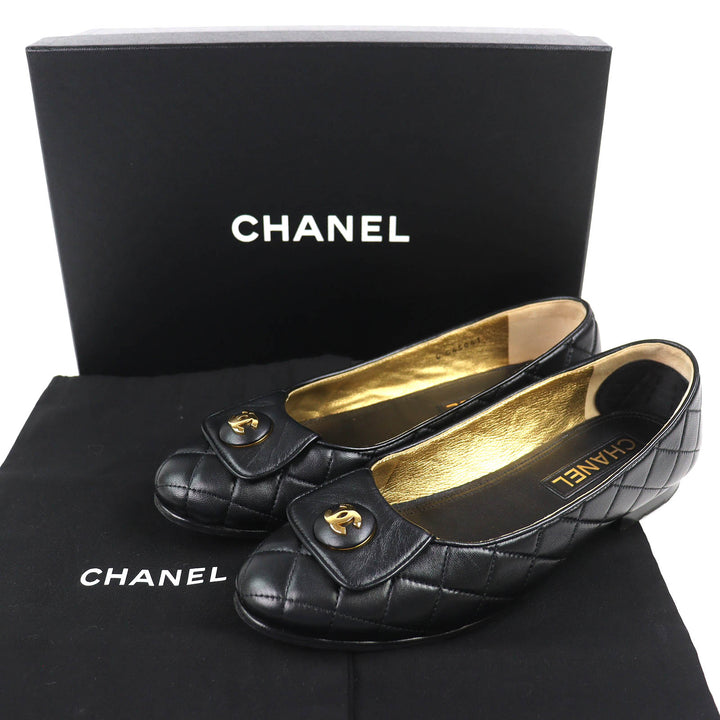 美品△CHANEL シャネル 23A G45047 バレリーナ ココマーク マトラッセ レザー フラットシューズ パンプス 黒 38 レディース 箱袋付き