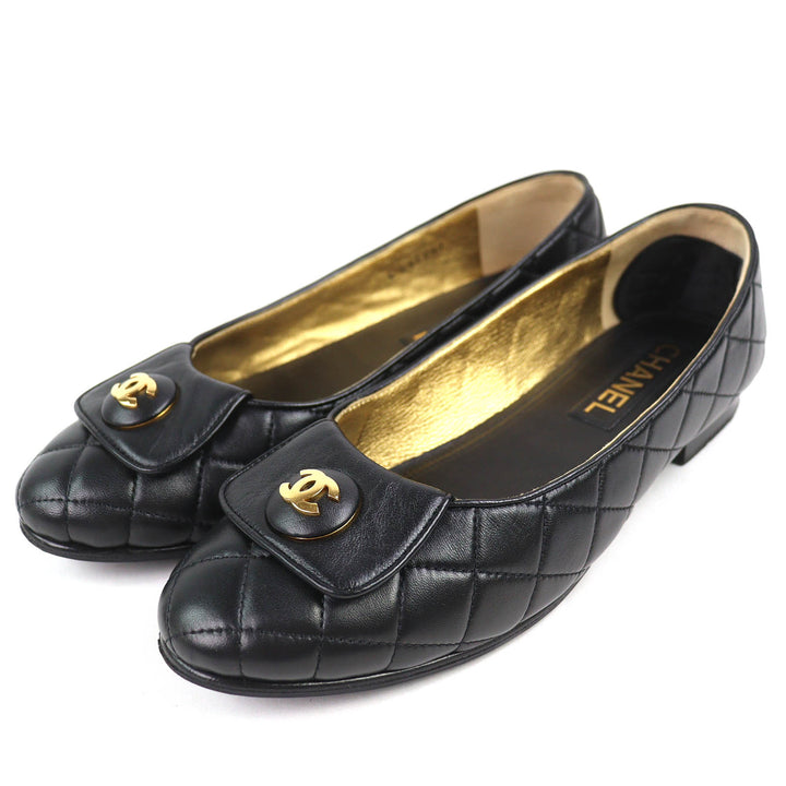 美品△CHANEL シャネル 23A G45047 バレリーナ ココマーク マトラッセ レザー フラットシューズ パンプス 黒 38 レディース 箱袋付き