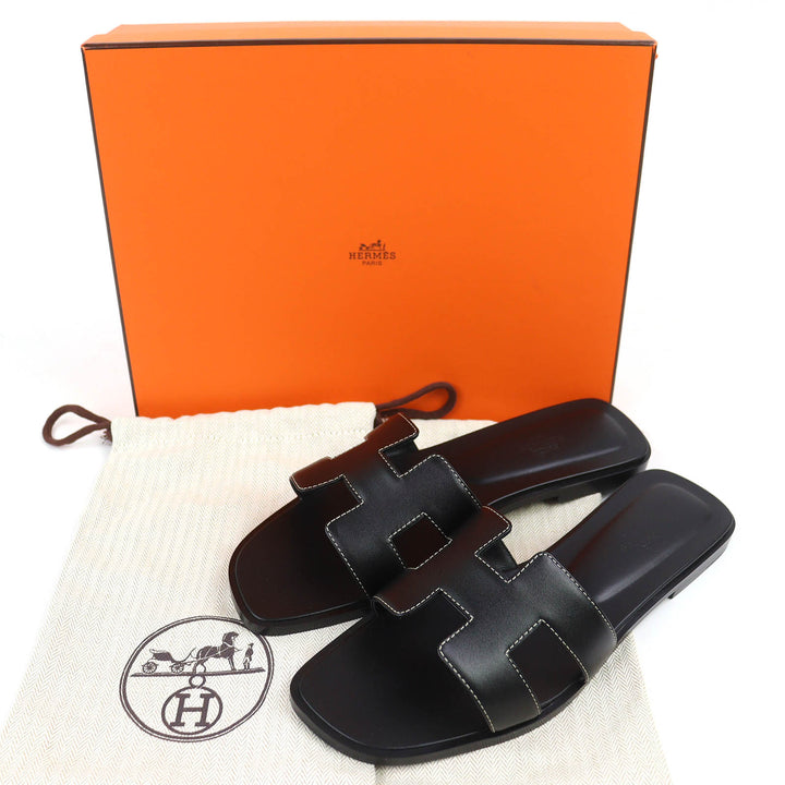 未使用品△HERMES エルメス H021056Z オラン ボックスカーフ Hモチーフ フラット サンダル ミュール ブラック 38.5 伊製 レディース