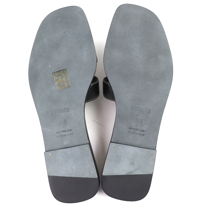 未使用品△HERMES エルメス H021056Z オラン ボックスカーフ Hモチーフ フラット サンダル ミュール ブラック 38.5 伊製 レディース