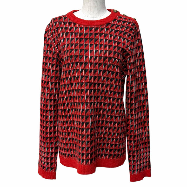 美品★GUCCI グッチ 553812 ウール混 タイガーボタン付 総柄 クルーネック 長袖 ニット セーター レッド ブラック XS イタリア製 正規品