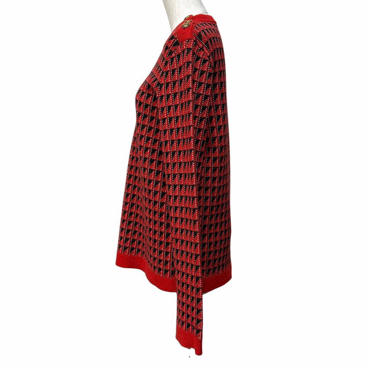 美品★GUCCI グッチ 553812 ウール混 タイガーボタン付 総柄 クルーネック 長袖 ニット セーター レッド ブラック XS イタリア製 正規品