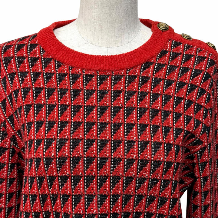 美品★GUCCI グッチ 553812 ウール混 タイガーボタン付 総柄 クルーネック 長袖 ニット セーター レッド ブラック XS イタリア製 正規品