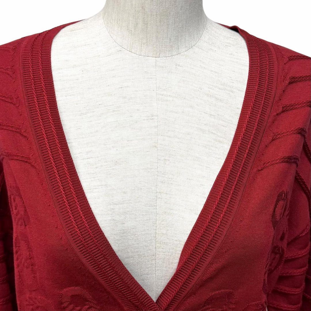 極美品★HERMES エルメス 23SS 3E2706D3 シルク混 シェーヌダンクル Vネック 長袖 ニット カーディガン ボルドー 38 イタリア製 正規品