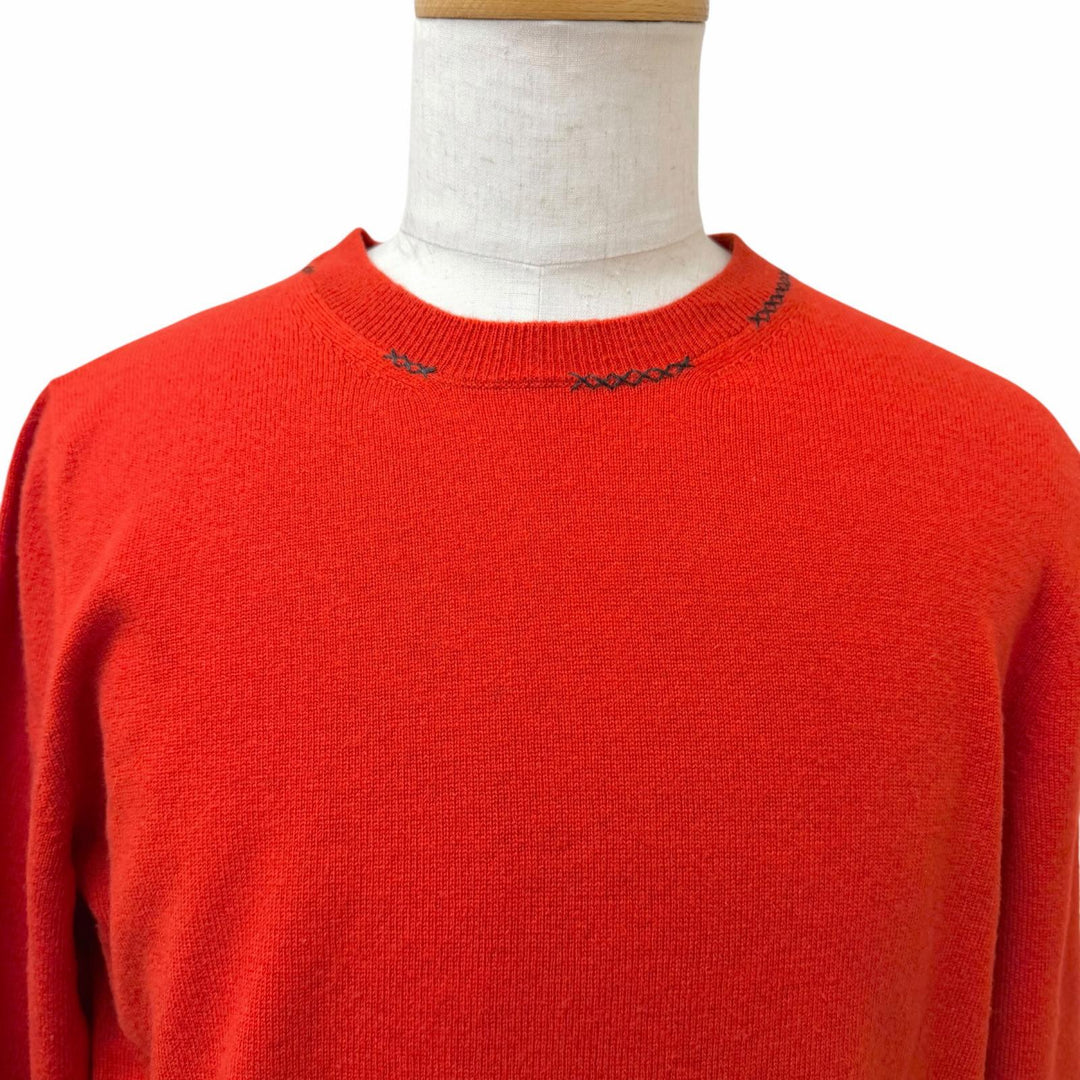 美品□HERMES エルメス カシミヤ100％ 一部シルク使用 ステッチデザイン ロングスリーブ セーター ニット レッド L イタリア製 正規品