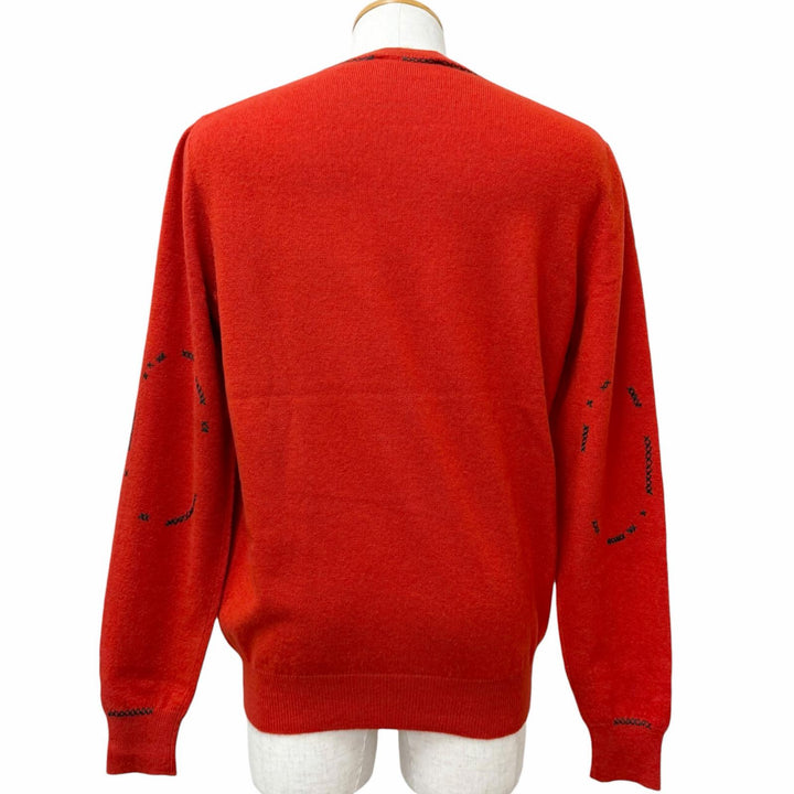 美品□HERMES エルメス カシミヤ100％ 一部シルク使用 ステッチデザイン ロングスリーブ セーター ニット レッド L イタリア製 正規品