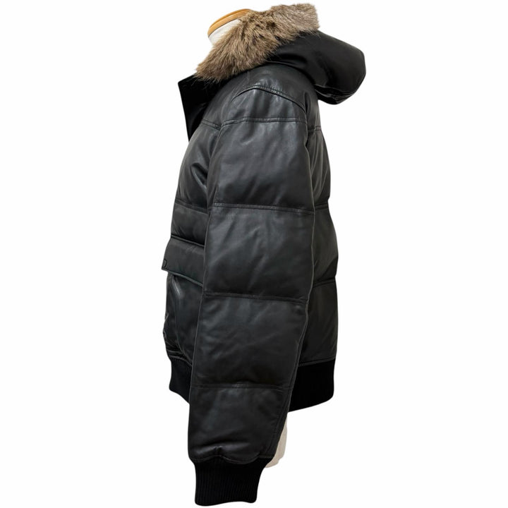 美品□Dunhill ダンヒル ラムスキン レーヨン ワラビーファー レザーダウンジャケット ブラック OS(R fit) イタリア製 正規品 メンズ