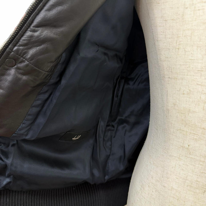 美品□Dunhill ダンヒル ラムスキン レーヨン ワラビーファー レザーダウンジャケット ブラック OS(R fit) イタリア製 正規品 メンズ