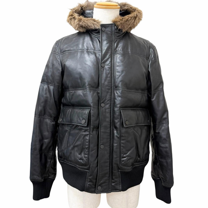 美品□Dunhill ダンヒル ラムスキン レーヨン ワラビーファー レザーダウンジャケット ブラック OS(R fit) イタリア製 正規品 メンズ
