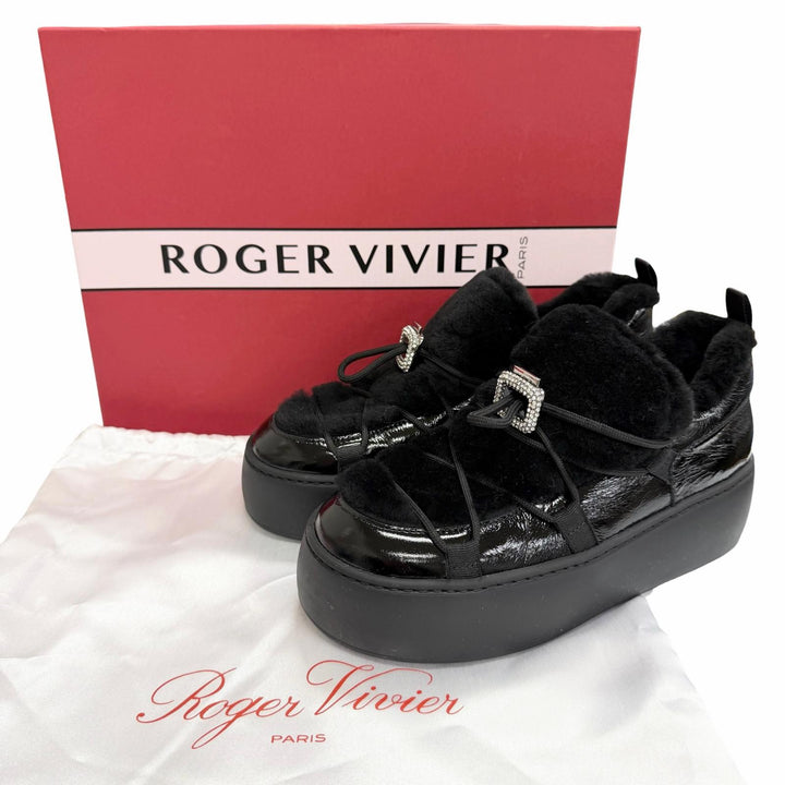 美品△ROGER VIVIER ロジェヴィヴィエ ヴィヴ アップ パテントレザー シアリング ストラスバックル スニーカー ブラック 37.5 イタリア製