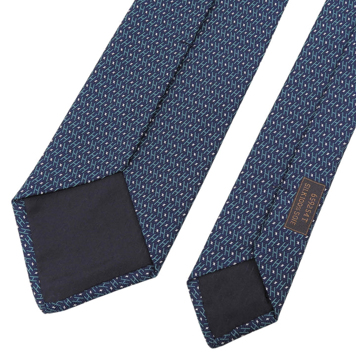 未使用品▲HERMES エルメス 659254T シルク100％ Hロゴ 総柄 クラヴァット ネクタイ グリーン ネイビー ホワイト フランス製 メンズ