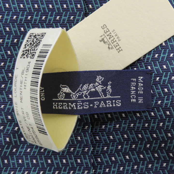 未使用品▲HERMES エルメス 659254T シルク100％ Hロゴ 総柄 クラヴァット ネクタイ グリーン ネイビー ホワイト フランス製 メンズ