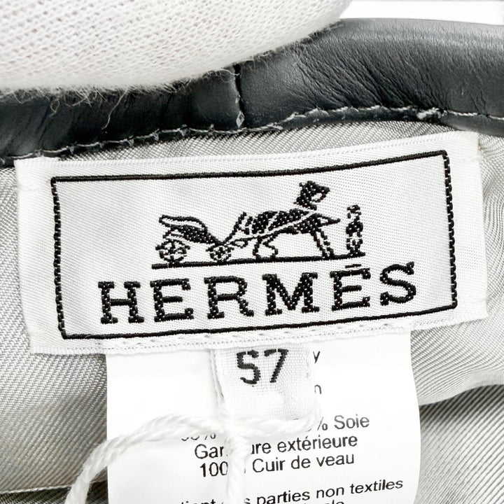 未使用品△HERMES エルメス サントノーレ コットン100% セリエボタン レザーパイピング ベレー帽 グレー 57 イタリア製 正規品 レディース