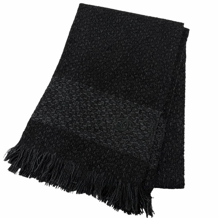美品□CHANEL シャネル YZ079068 カシミヤ80％ ココマーク刺繍 エンブロイダリー 大判ショール マフラー ブラック ライトブルー 正規品