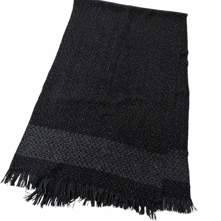 美品□CHANEL シャネル YZ079068 カシミヤ80％ ココマーク刺繍 エンブロイダリー 大判ショール マフラー ブラック ライトブルー 正規品