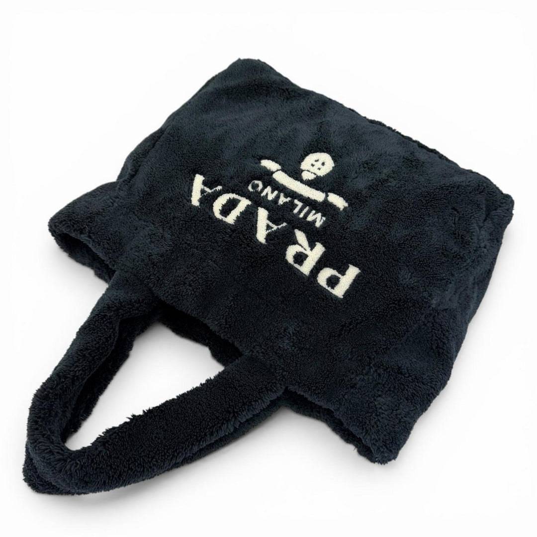 美品☆PRADA プラダ 1BG130 テリー トートバッグ トライアングルロゴプレート付 ロゴバッグ ダークネイビー イタリア製 レディース