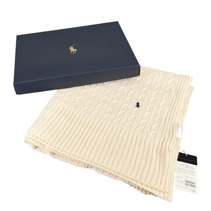 未使用品▲RALPH LAUREN ラルフローレン Wilton ハーフ ウール ケーブル編み ホース刺繍 ひざ掛け ブランケット 日本製 正規品 箱付き
