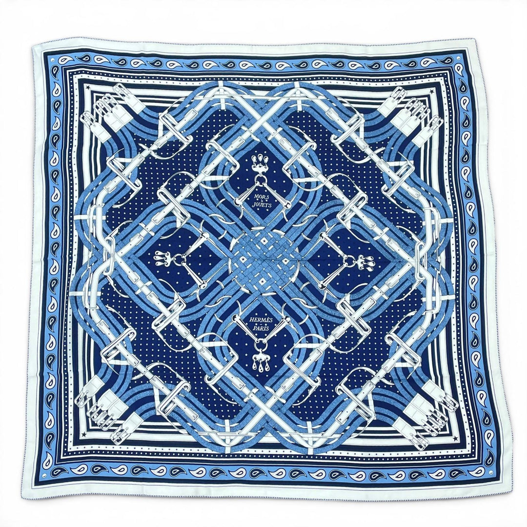 未使用品▲HERMES エルメス 26SS カレジュアン MORS A JOUETS BANDANA 馬銜 バンダナ カシミヤ シルク マリン 大判 スカーフ 正規品 箱付