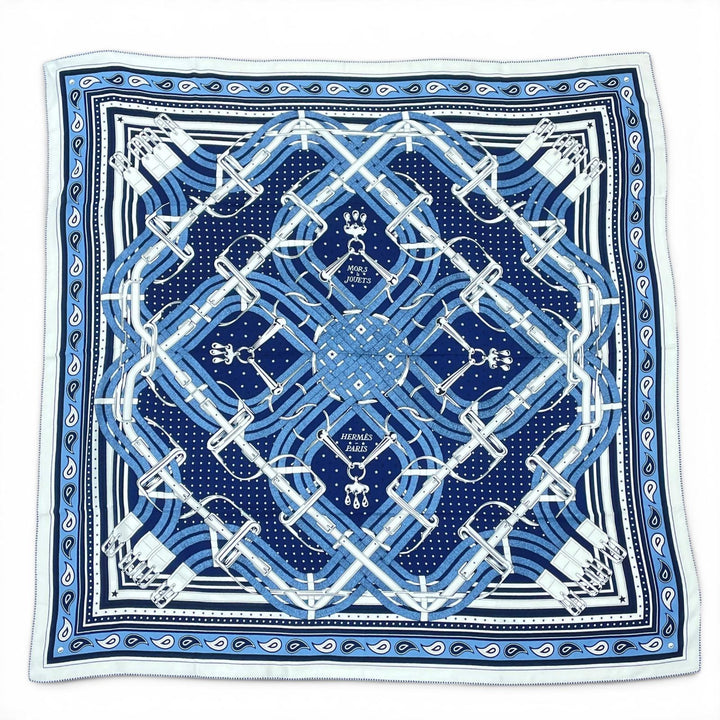 未使用品▲HERMES エルメス 26SS カレジュアン MORS A JOUETS BANDANA 馬銜 バンダナ カシミヤ シルク マリン 大判 スカーフ 正規品 箱付