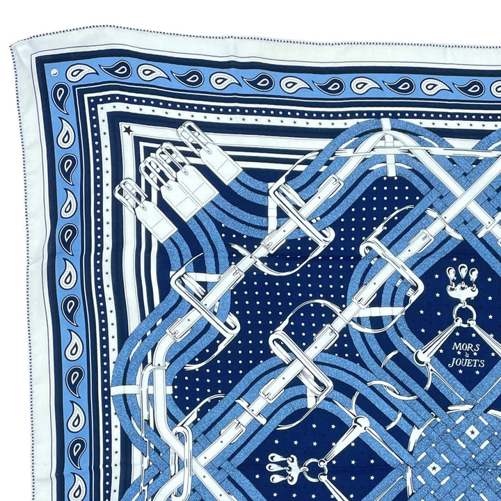 未使用品▲HERMES エルメス 26SS カレジュアン MORS A JOUETS BANDANA 馬銜 バンダナ カシミヤ シルク マリン 大判 スカーフ 正規品 箱付
