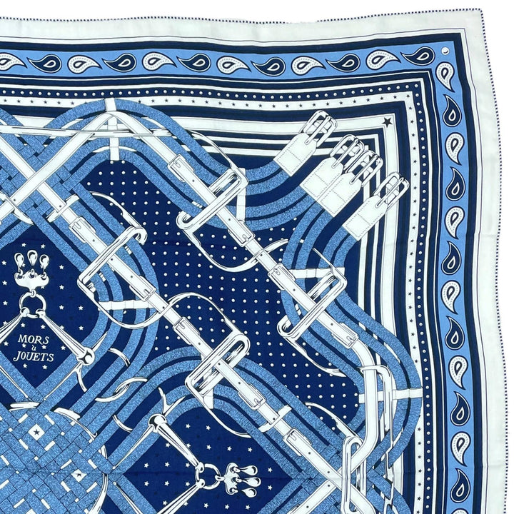 未使用品▲HERMES エルメス 26SS カレジュアン MORS A JOUETS BANDANA 馬銜 バンダナ カシミヤ シルク マリン 大判 スカーフ 正規品 箱付