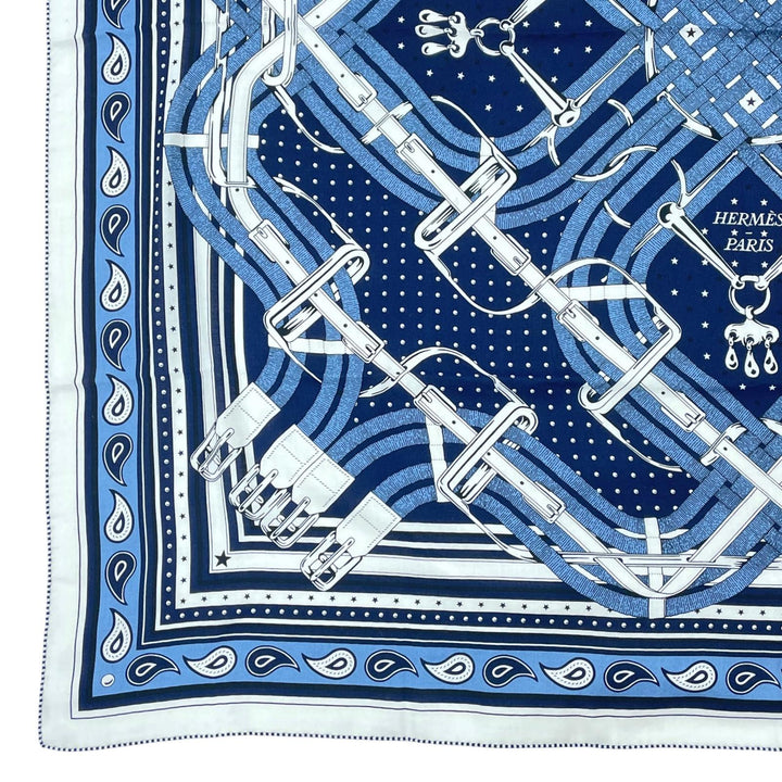 未使用品▲HERMES エルメス 26SS カレジュアン MORS A JOUETS BANDANA 馬銜 バンダナ カシミヤ シルク マリン 大判 スカーフ 正規品 箱付