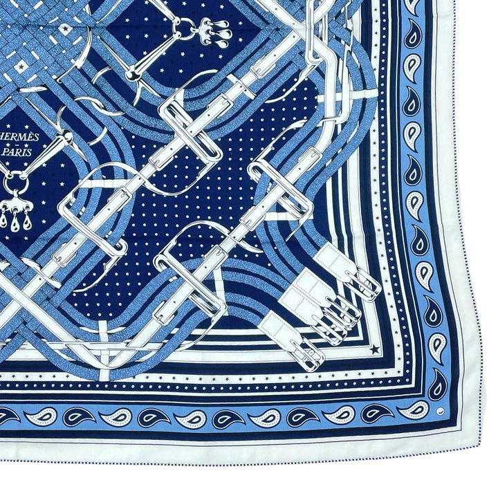 未使用品▲HERMES エルメス 26SS カレジュアン MORS A JOUETS BANDANA 馬銜 バンダナ カシミヤ シルク マリン 大判 スカーフ 正規品 箱付