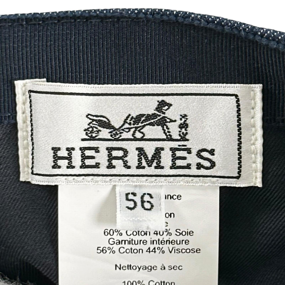 美品▲HERMES エルメス コットン100％ ロゴ刺繍 クルードセル セリエボタン デニム キャップ インディゴ EU 56 フランス製 レディース