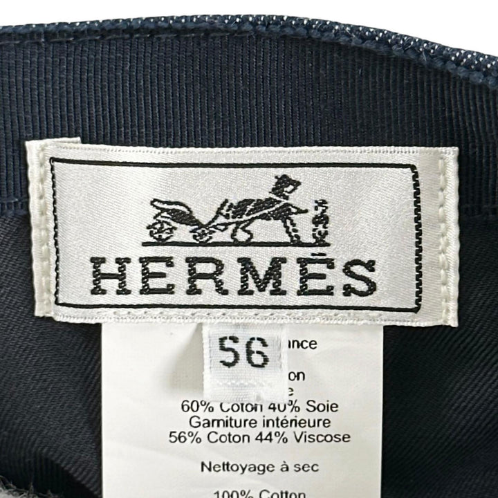 美品▲HERMES エルメス コットン100％ ロゴ刺繍 クルードセル セリエボタン デニム キャップ インディゴ EU 56 フランス製 レディース