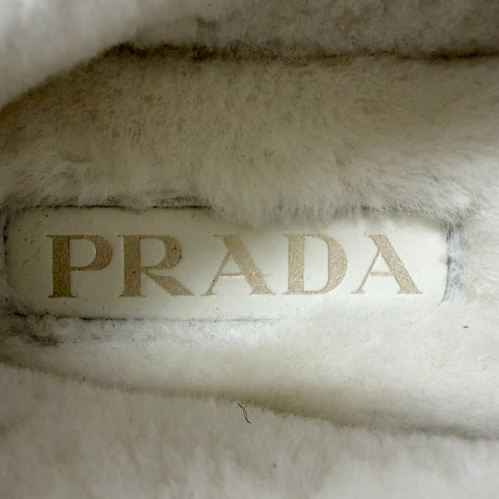 未使用品□PRADA プラダ 1D222N ムートン トライアングルロゴ 三角プレート ローファー フラットシューズ ブラウン 7 イタリア製 箱付き