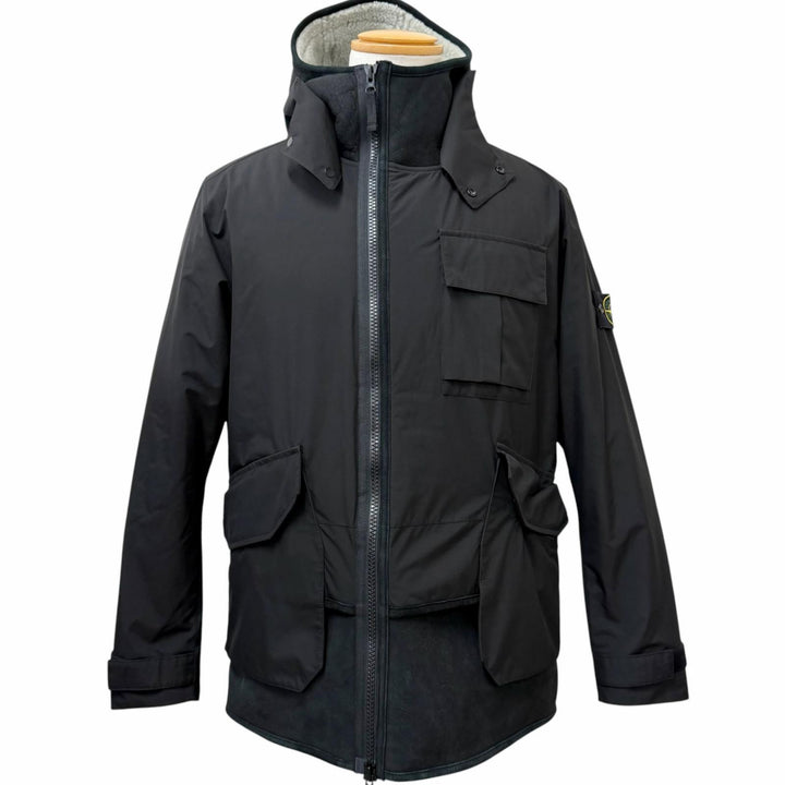 美品□STONE ISLAND ストーンアイランド ムートン切替 GORE-TEX フーデッド ロゴワッペン付き パテッドジャケット ブラック M メンズ