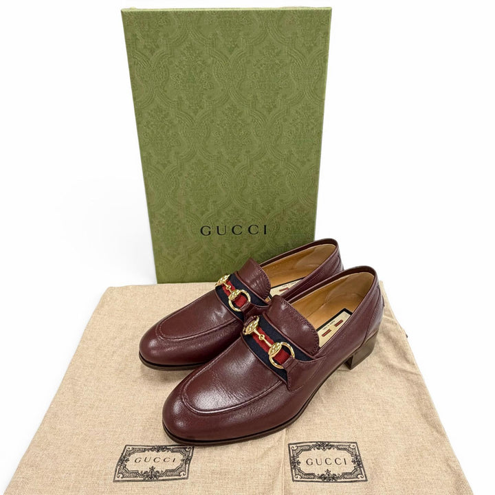 未使用品△GUCCI グッチ 660819 ウェブライン ホースビット レザー ローファー ボルドー ゴールド 35.5 伊製 レディース 箱・保存袋付き