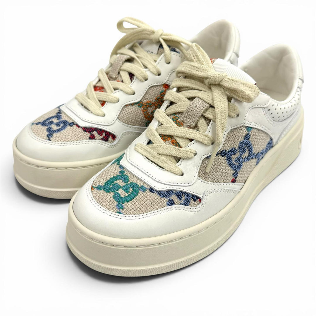 極美品★GUCCI グッチ 670408 ロゴデザイン 柄GG レースアップ レザー スニーカー マルチ 35 イタリア製 レディース 箱・保存袋付き