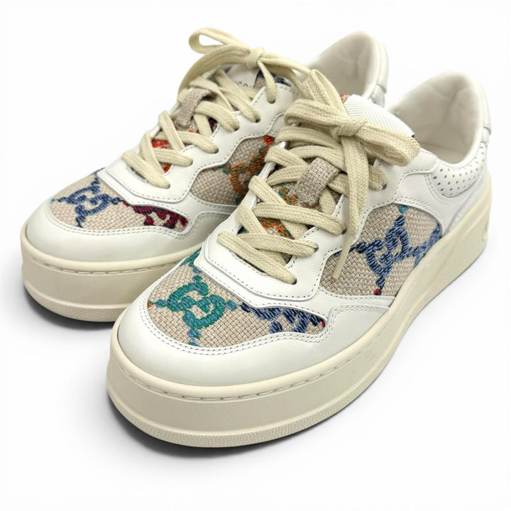 極美品★GUCCI グッチ 670408 ロゴデザイン 柄GG レースアップ レザー スニーカー マルチ 35 イタリア製 レディース 箱・保存袋付き