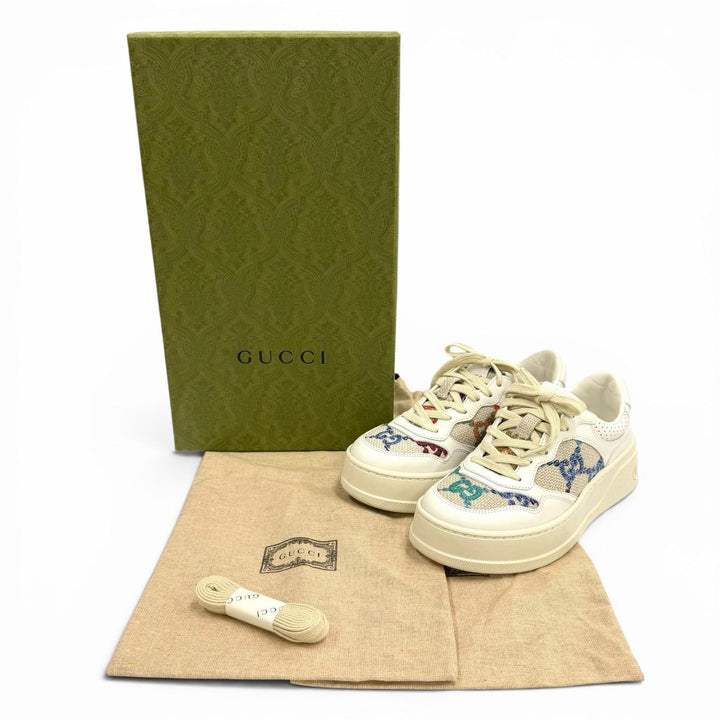 極美品★GUCCI グッチ 670408 ロゴデザイン 柄GG レースアップ レザー スニーカー マルチ 35 イタリア製 レディース 箱・保存袋付き