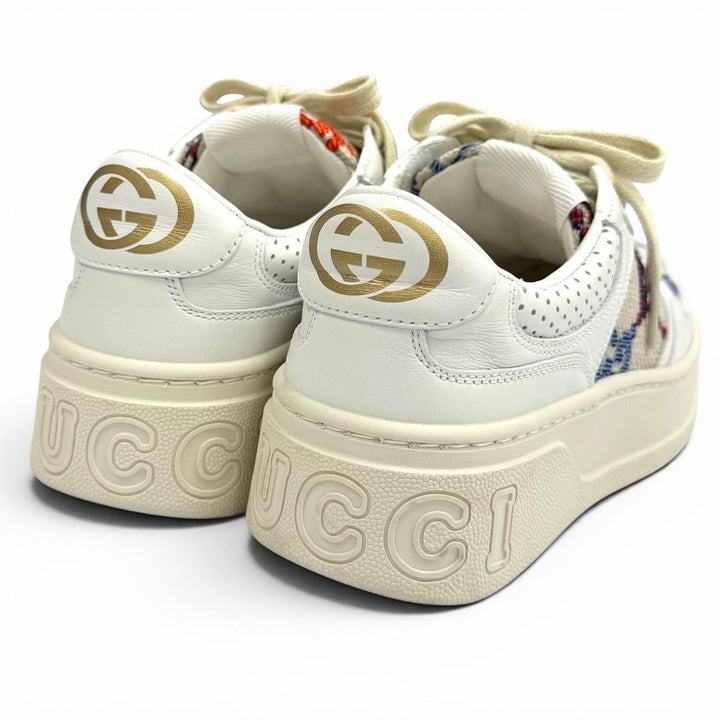 極美品★GUCCI グッチ 670408 ロゴデザイン 柄GG レースアップ レザー スニーカー マルチ 35 イタリア製 レディース 箱・保存袋付き