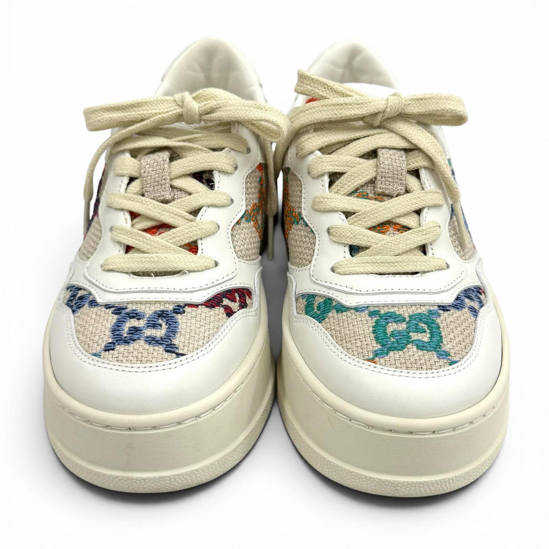 極美品★GUCCI グッチ 670408 ロゴデザイン 柄GG レースアップ レザー スニーカー マルチ 35 イタリア製 レディース 箱・保存袋付き
