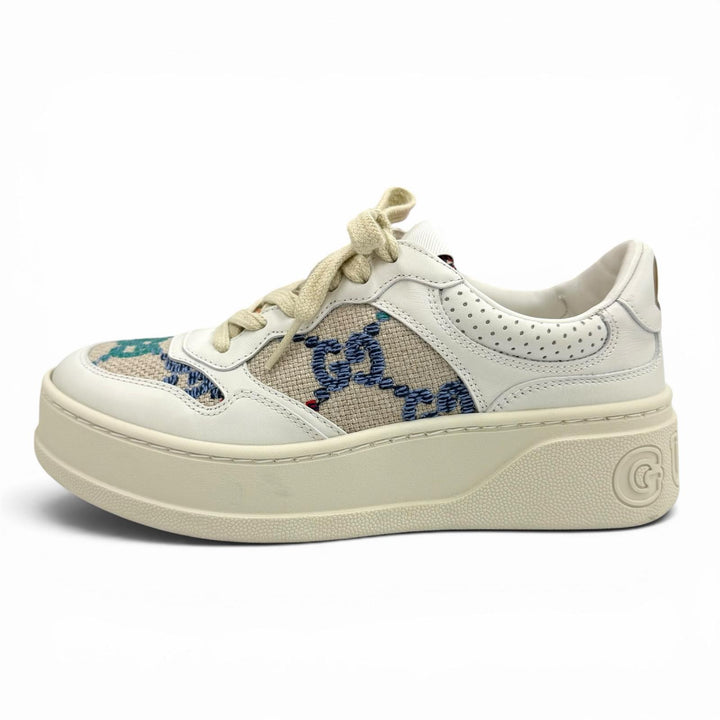 極美品★GUCCI グッチ 670408 ロゴデザイン 柄GG レースアップ レザー スニーカー マルチ 35 イタリア製 レディース 箱・保存袋付き