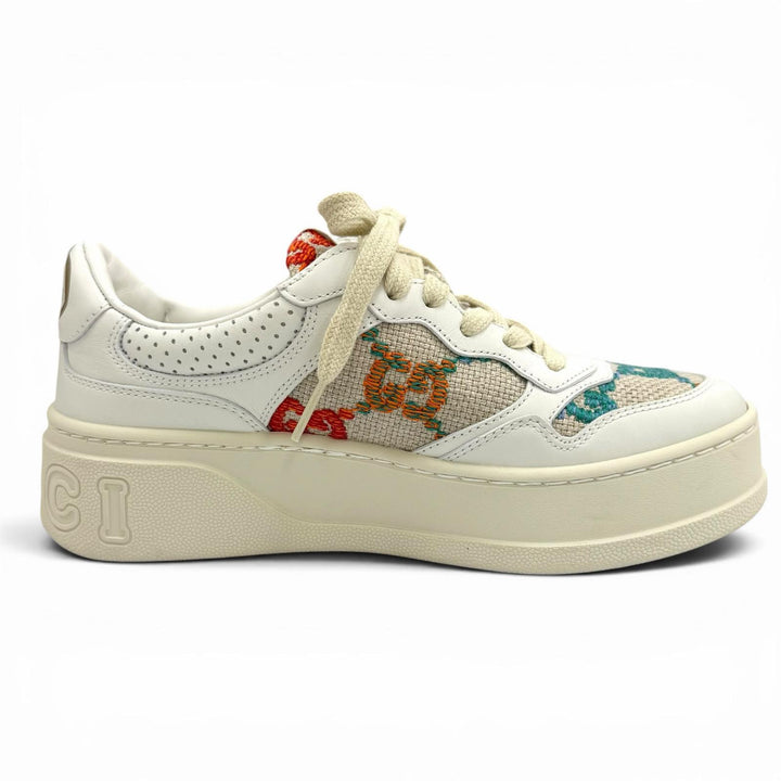 極美品★GUCCI グッチ 670408 ロゴデザイン 柄GG レースアップ レザー スニーカー マルチ 35 イタリア製 レディース 箱・保存袋付き