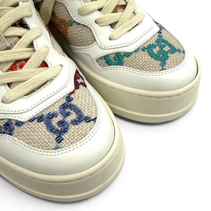 極美品★GUCCI グッチ 670408 ロゴデザイン 柄GG レースアップ レザー スニーカー マルチ 35 イタリア製 レディース 箱・保存袋付き