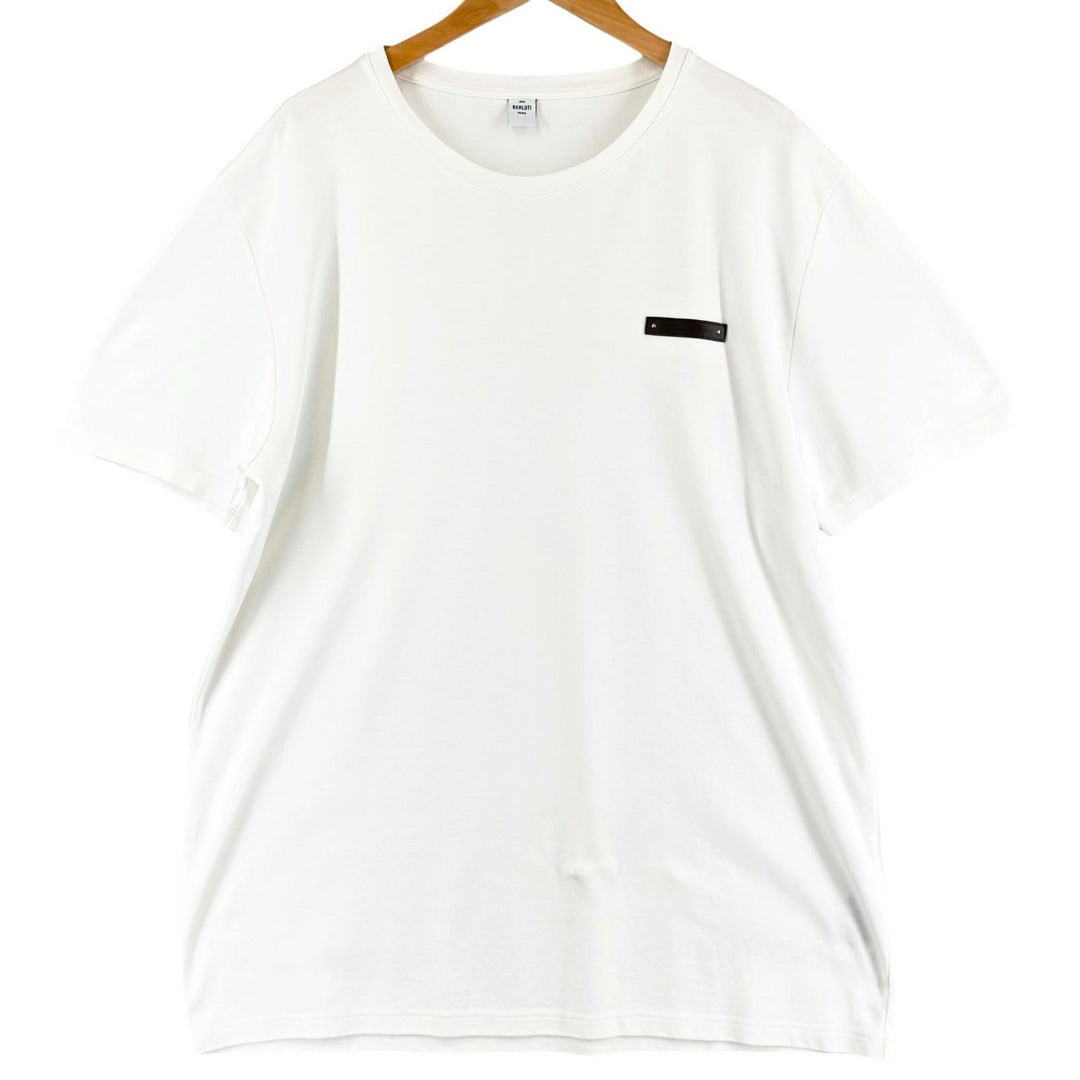 美品▲BERLUTI ベルルッティ コットン100% 牛革 レザーパッチ クルーネック 半袖Ｔシャツ ホワイト XL イタリア製 正規品 メンズ