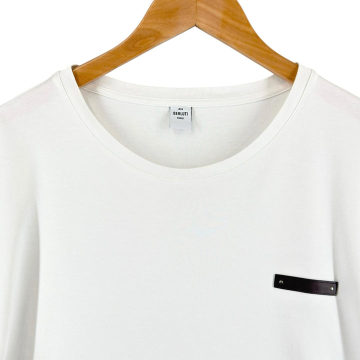 美品▲BERLUTI ベルルッティ コットン100% 牛革 レザーパッチ クルーネック 半袖Ｔシャツ ホワイト XL イタリア製 正規品 メンズ