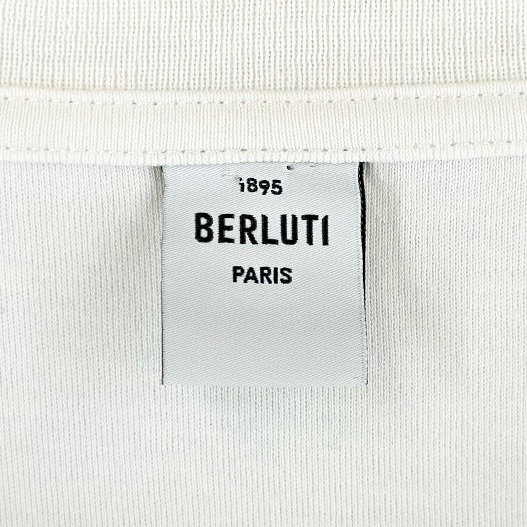 美品▲BERLUTI ベルルッティ コットン100% 牛革 レザーパッチ クルーネック 半袖Ｔシャツ ホワイト XL イタリア製 正規品 メンズ