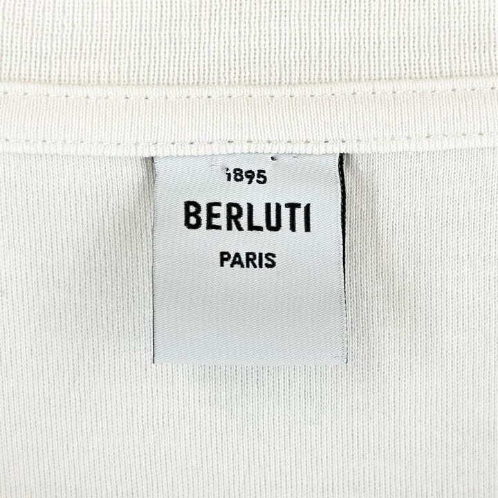 美品▲BERLUTI ベルルッティ コットン100% 牛革 レザーパッチ クルーネック 半袖Ｔシャツ ホワイト XL イタリア製 正規品 メンズ
