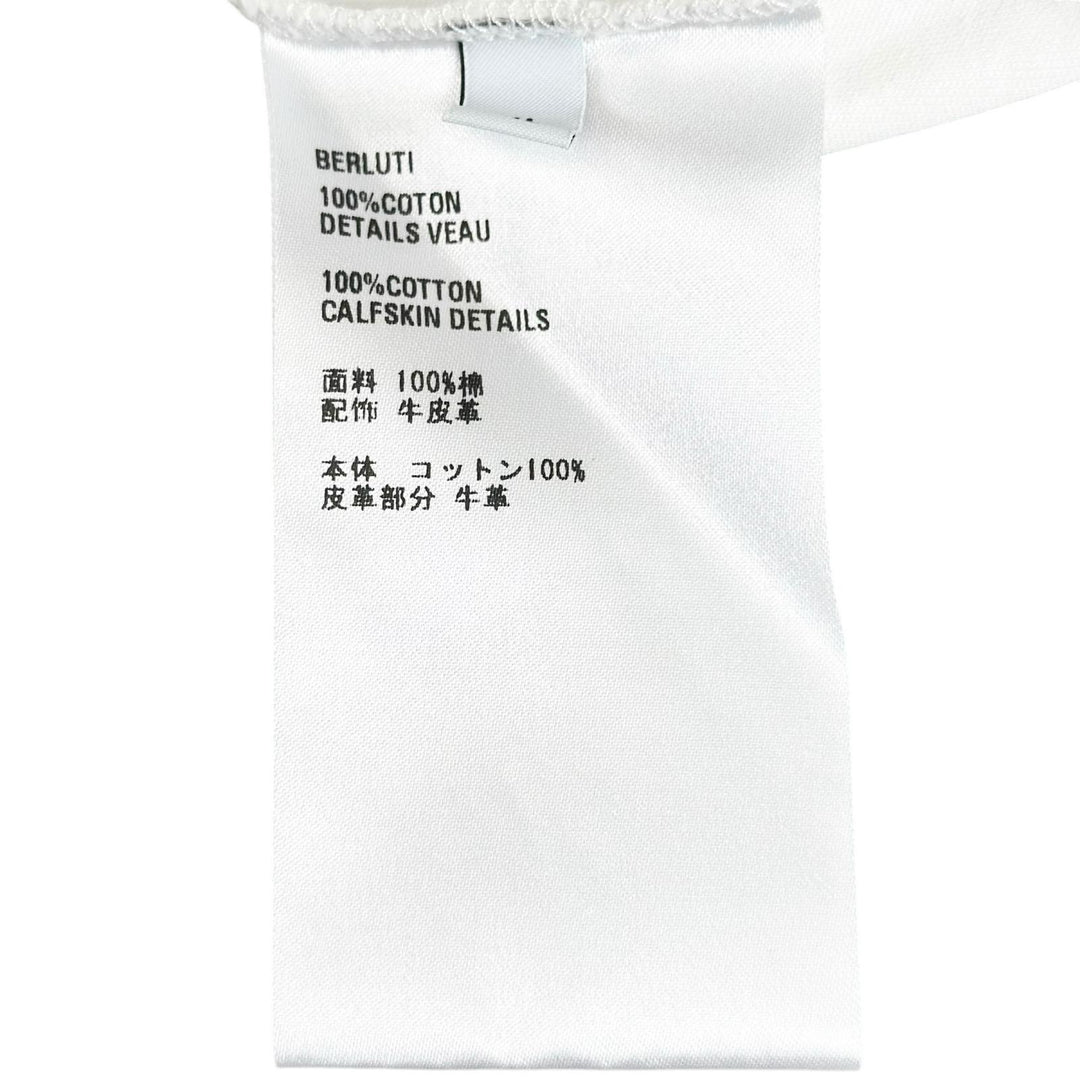 美品▲BERLUTI ベルルッティ コットン100% 牛革 レザーパッチ クルーネック 半袖Ｔシャツ ホワイト XL イタリア製 正規品 メンズ