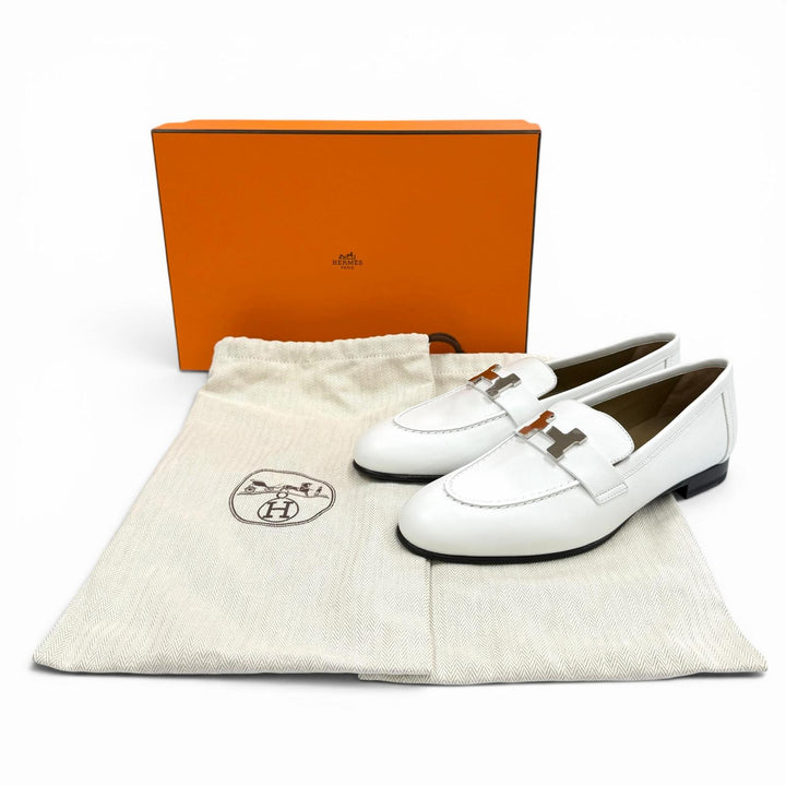未使用品★HERMES エルメス モカシン パリ シルバー金具 H金具付 レザー ローファー ホワイト 36 イタリア製 レディース 箱・保存袋付き
