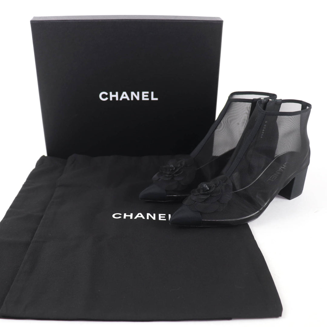 未使用品☆CHANEL シャネル G34544 ココマーク・カメリア メッシュデザイン アンクルブーツ ブラック 38.5 伊製 レディース 箱・保存袋付